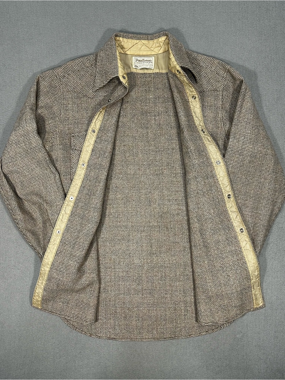 Vintage Pendleton Shirt Mens L Wool Western Snap Brown Tweed Shacket USA Style - Picture 3 of 15